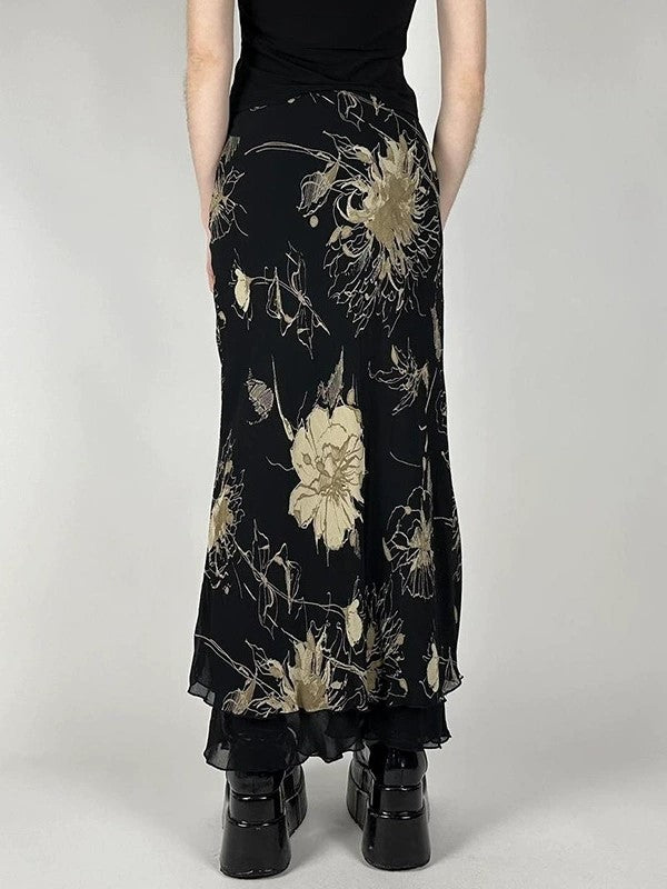 Vintage Floral Print Low Waist Maxi Skirt