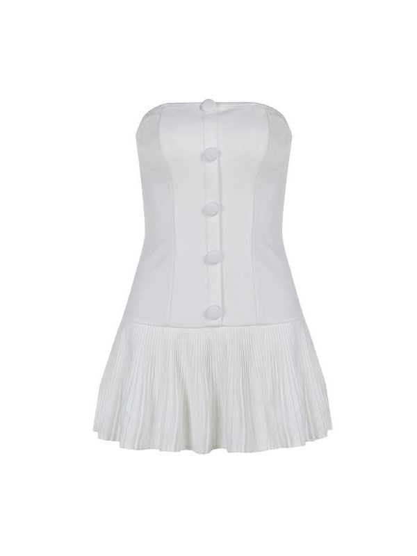 White French Pleated Hem Mini Dress