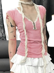 Pink Y2K Striped Lace Trim Button Up Short Sleeve Top