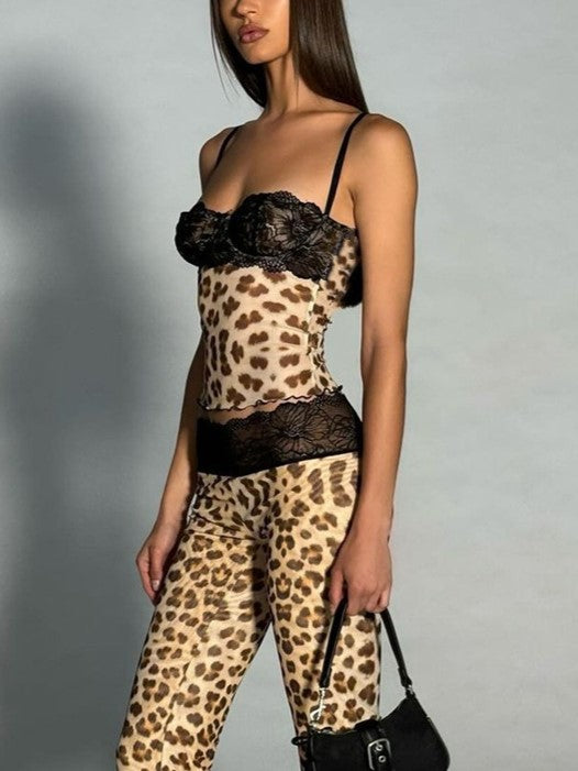 Vintage Leopard Print Lace Patchwork Mesh Cami Top