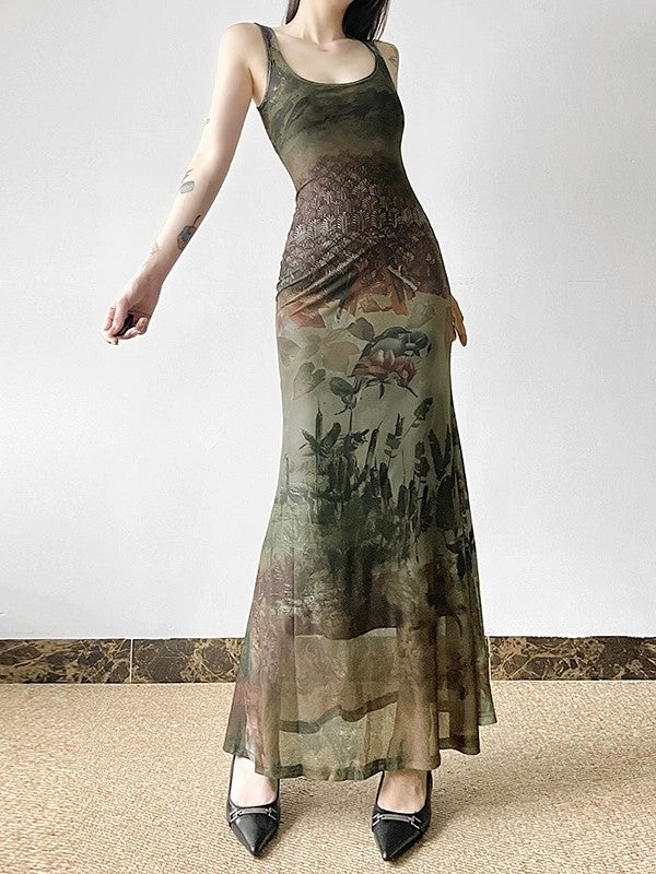 Vintage Botanical Printed Slim Fit Midi Dress