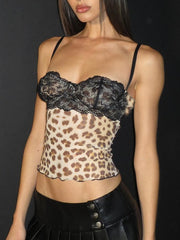 Vintage Leopard Print Lace Patchwork Mesh Cami Top