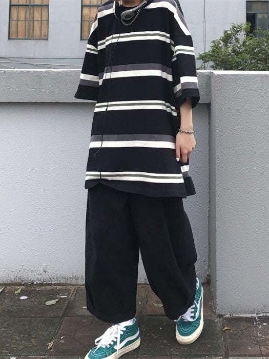 Unisex Contrast Hip Hop Oversized Stripe Short Sleeve Top