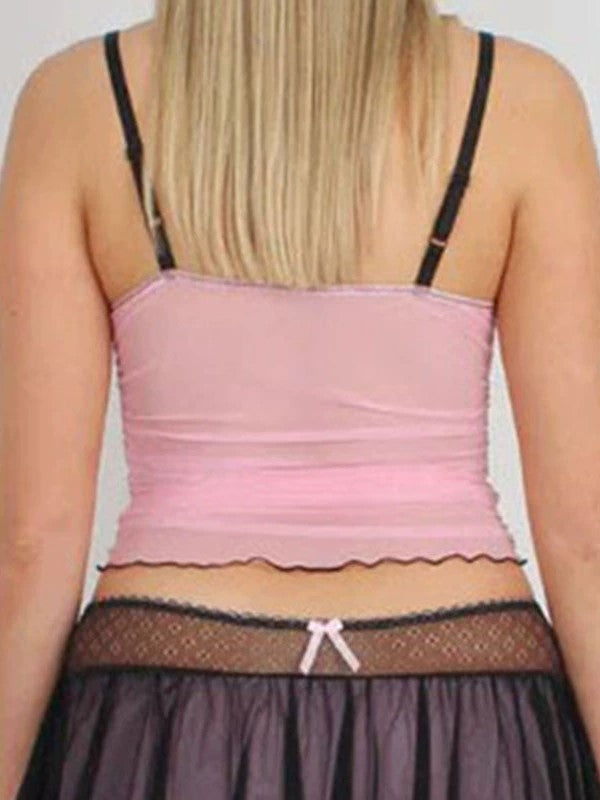 Pink Y2K Drawstring Tie Up Bow Mesh Cami Top