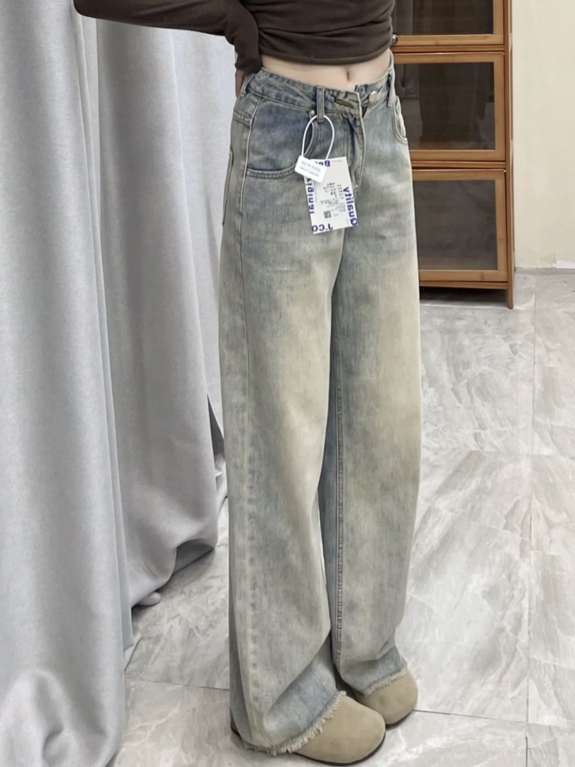 Light Vintage Faded Effect Raw Edge Boyfriend Pants