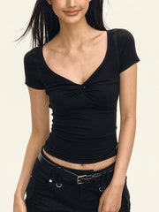 Black Crop Top with V Neck and Short Sleeves