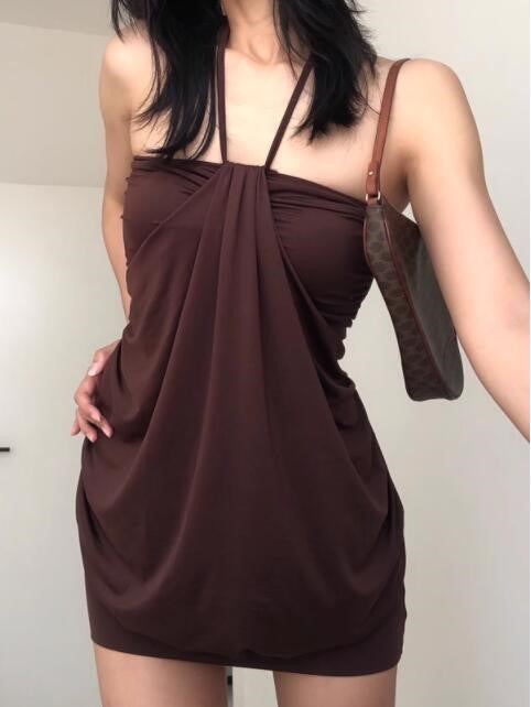 Brown Vintage Halter Off Shoulder Mini Dress