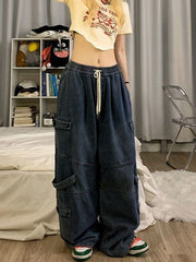 Blue Punk Baggy Cargo Jeans with Washed Effect