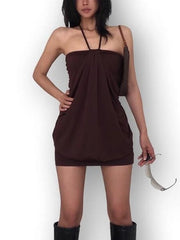 Brown Vintage Halter Off Shoulder Mini Dress