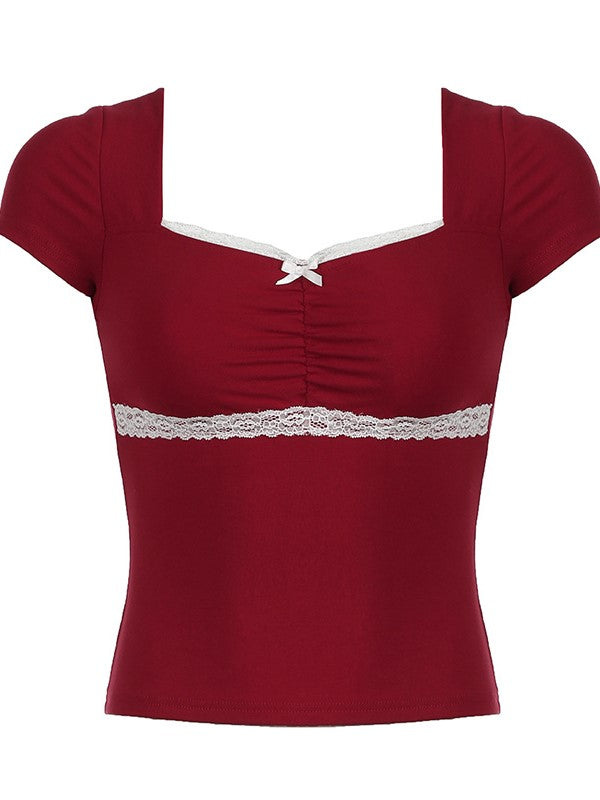 Red Vintage Lace Patchwork Knit Short Sleeve Top