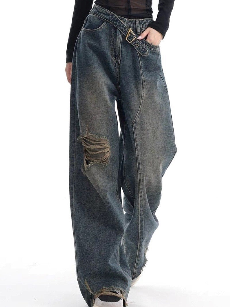 Vintage Washed Baggy Boyfriend Jeans with Buckle and Ribbed Details