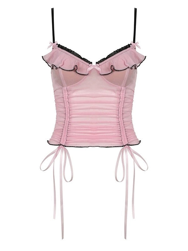 Pink Y2K Drawstring Tie Up Bow Mesh Cami Top