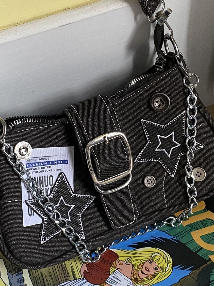 Black Y2K Denim Shoulder Bag with Patched Star