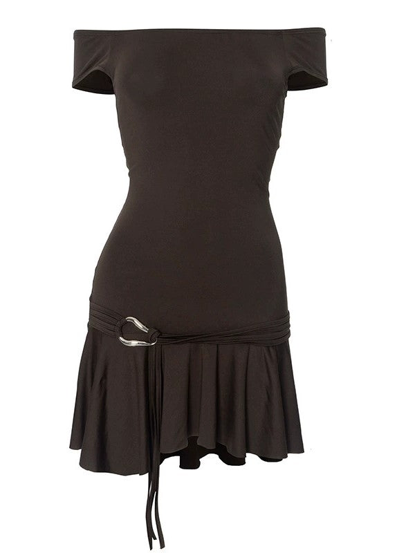 Brown Strapless Ruffle Mini Dress with Strappy Design