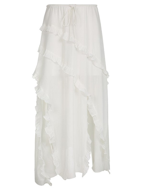 Vintage Split Lace Up Ruffle Patchwork Maxi Skirt