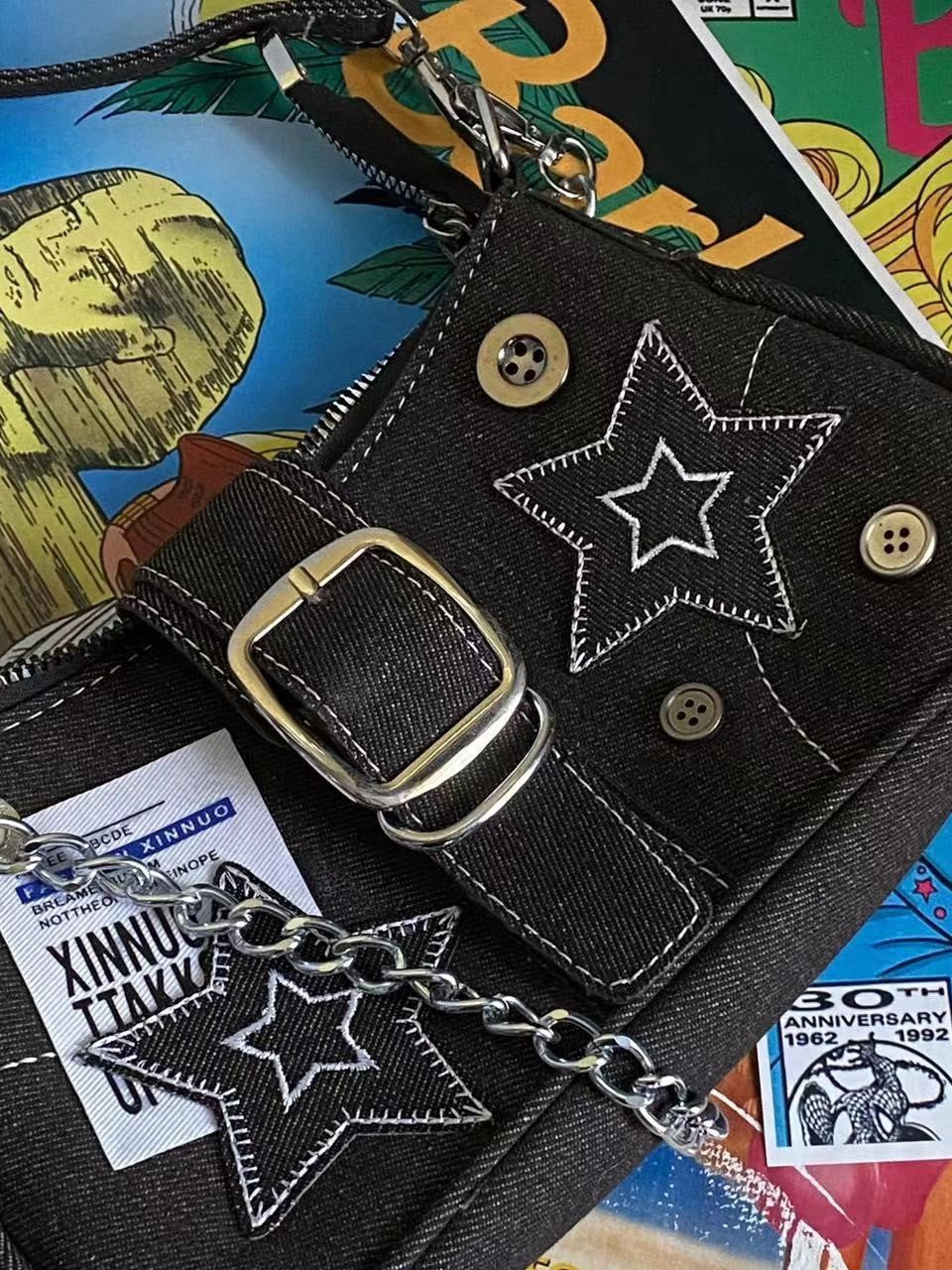 Black Y2K Denim Shoulder Bag with Patched Star