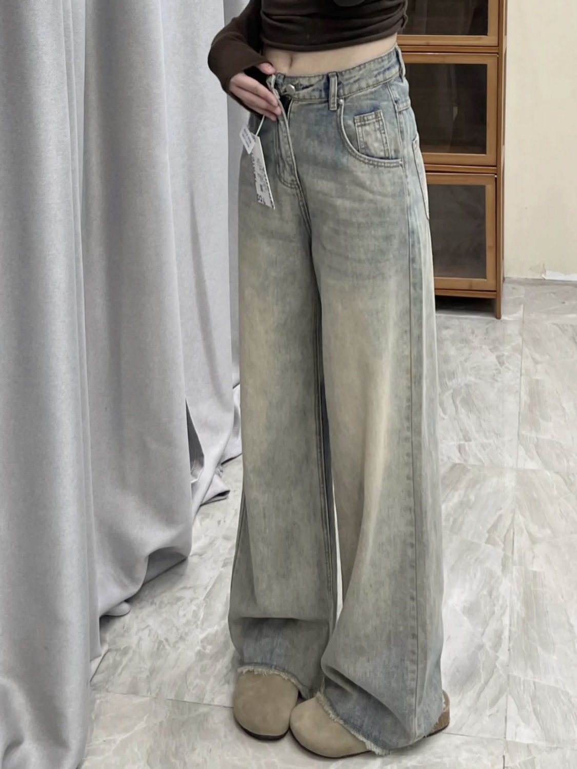 Light Vintage Faded Effect Raw Edge Boyfriend Pants