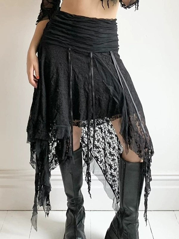 Punk Lace Patchwork Irregular Hem Midi Skirt