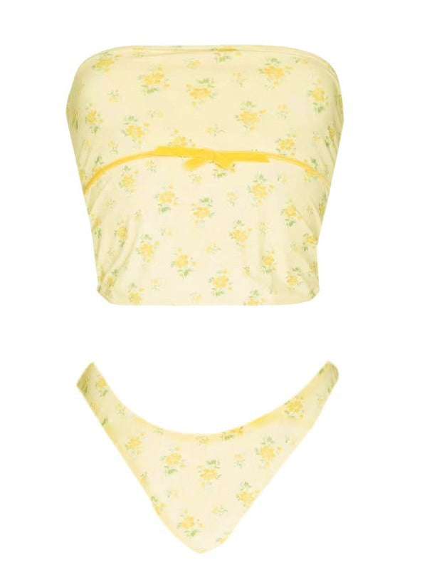 Yellow Sweet Floral Swimsuit Two Piece Set