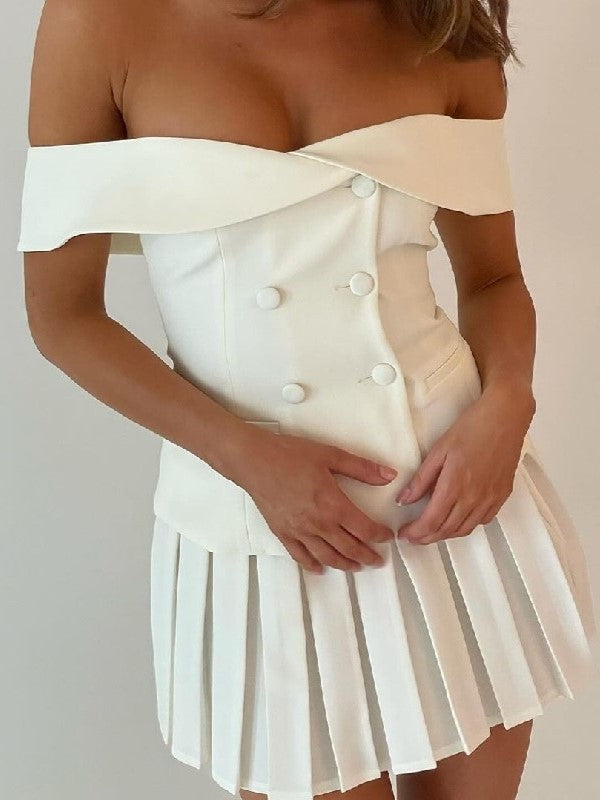 Off Shoulder Double Breasted Top & Pleated Skirt Set