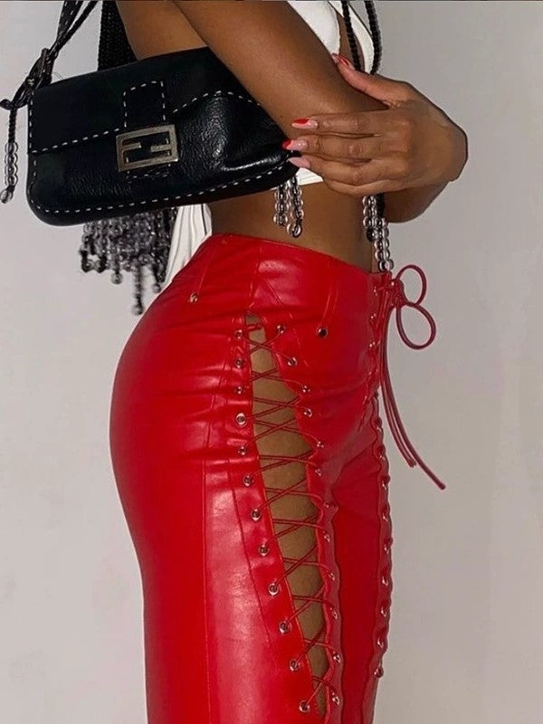 Vintage Cutout Detail PU Leather Pants