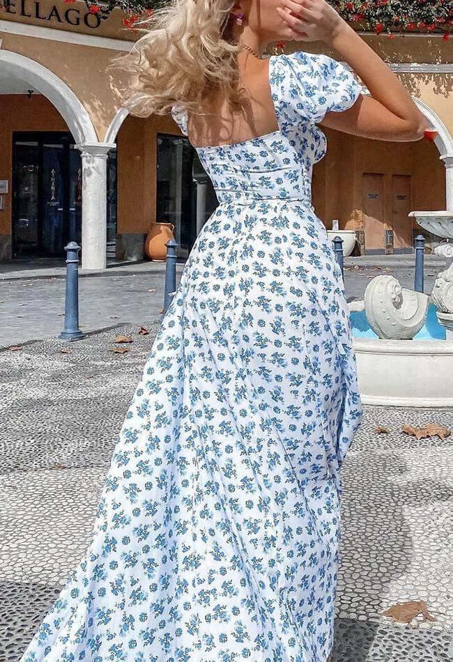 Blue Vintage Puff Sleeve Floral Maxi Dress