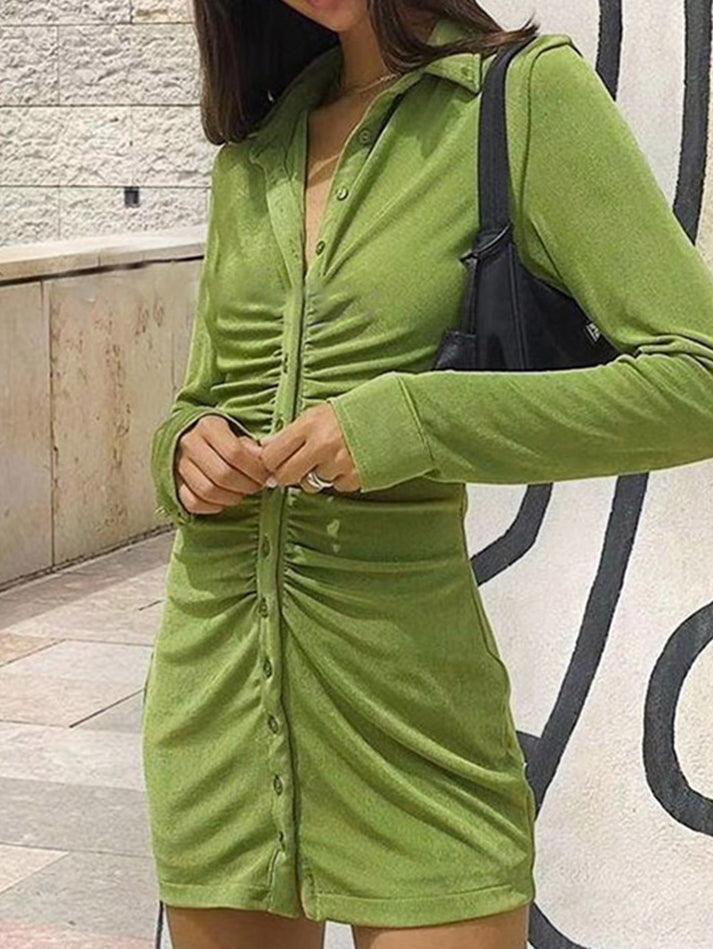 Green Vintage Ruched Velvet Shirt Mini Dress