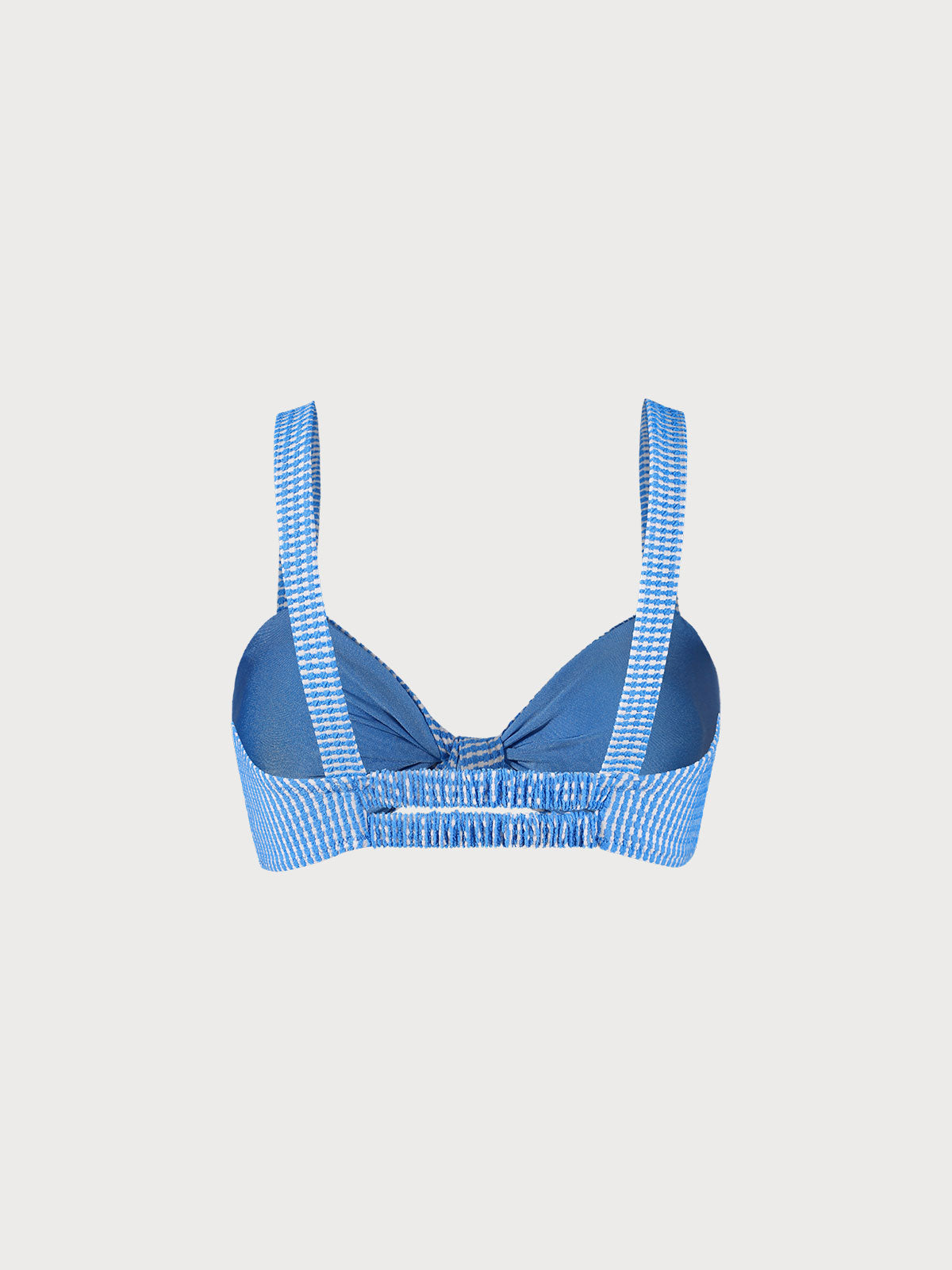 Blue Textured Striped Knot Bikini Top