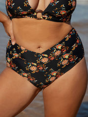 Black V-Cut Floral Plus Size Bikini Bottom