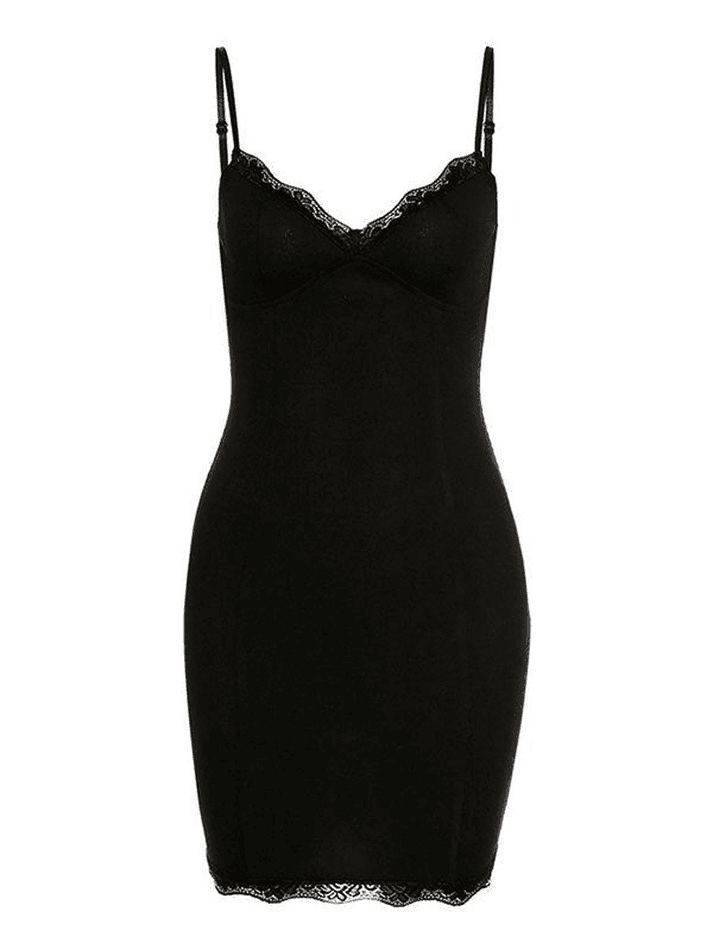 Black Vintage V Neck Lace Trim Bodycon Mini Dress