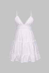 White French Lace V Neck Ruffle Hem Mini Dress