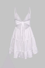 White French Lace V Neck Ruffle Hem Mini Dress