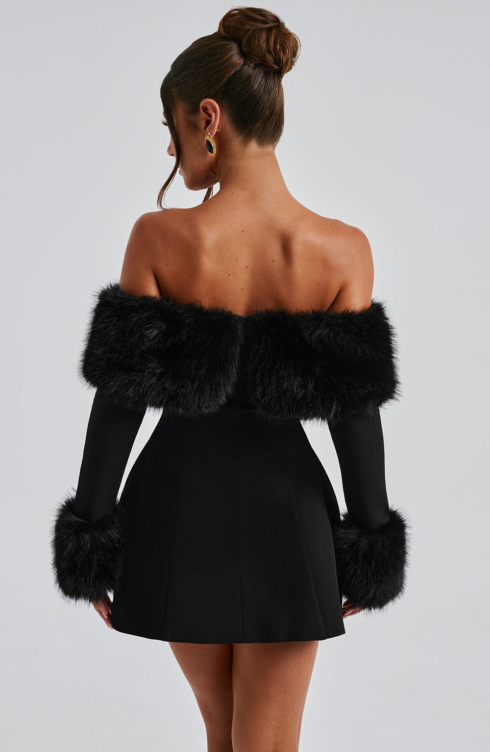 Imara - Off-Shoulder Fur Sleeve Mini Dress