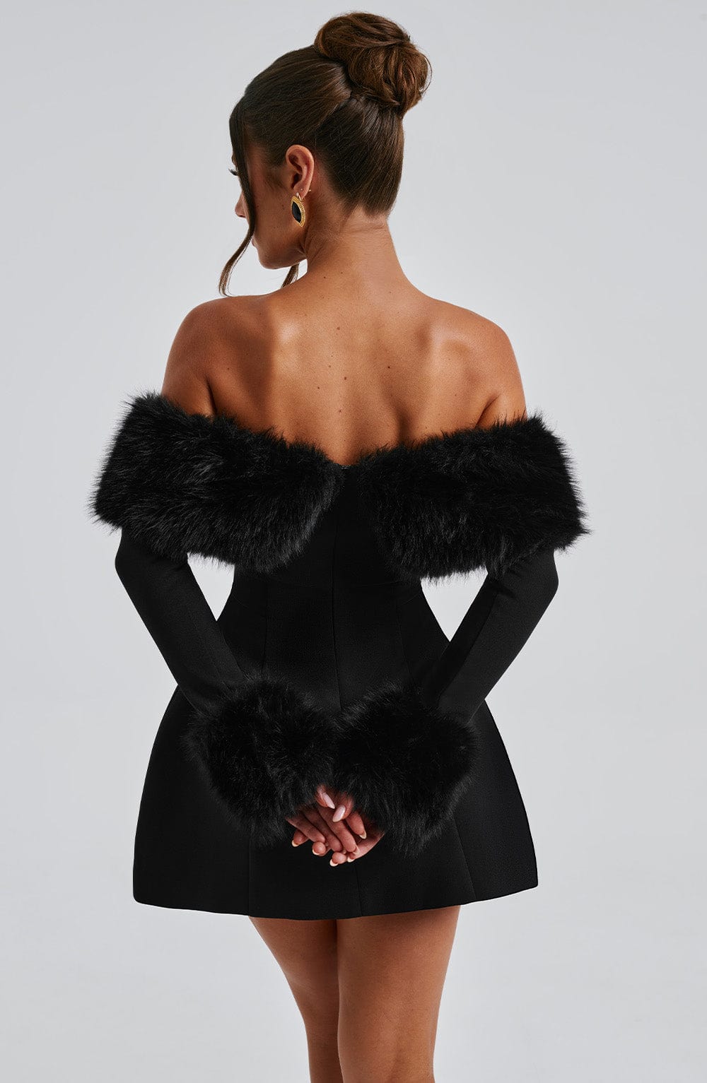 Imara - Off-Shoulder Fur Sleeve Mini Dress