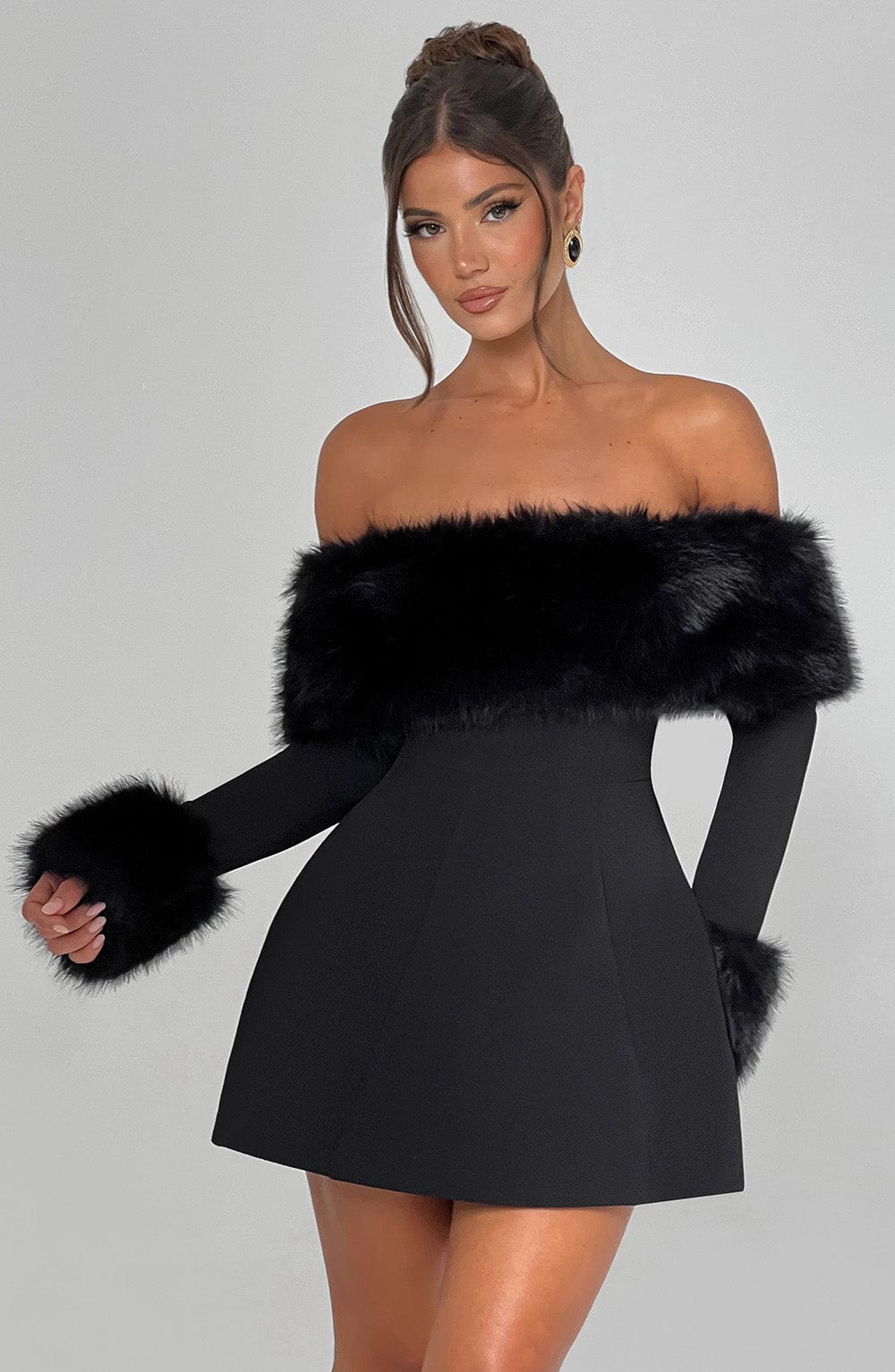 Imara - Off-Shoulder Fur Sleeve Mini Dress