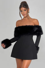 Imara - Off-Shoulder Fur Sleeve Mini Dress