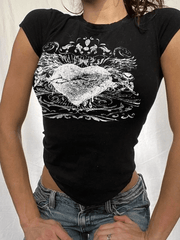 Y2k Heart Print Slim Fit Short Sleeve Tee