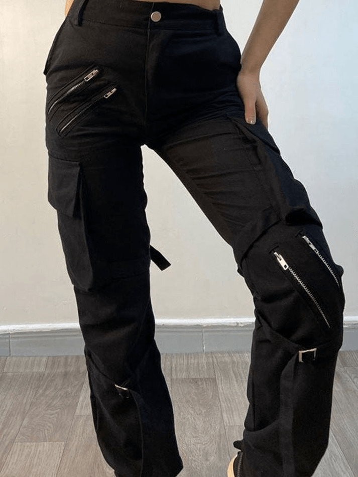 Black Hip Hop Zipper Strap Detail Cargo Pants