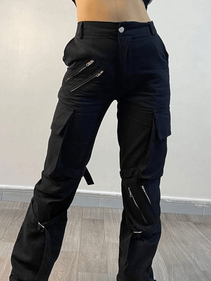 Black Hip Hop Zipper Strap Detail Cargo Pants